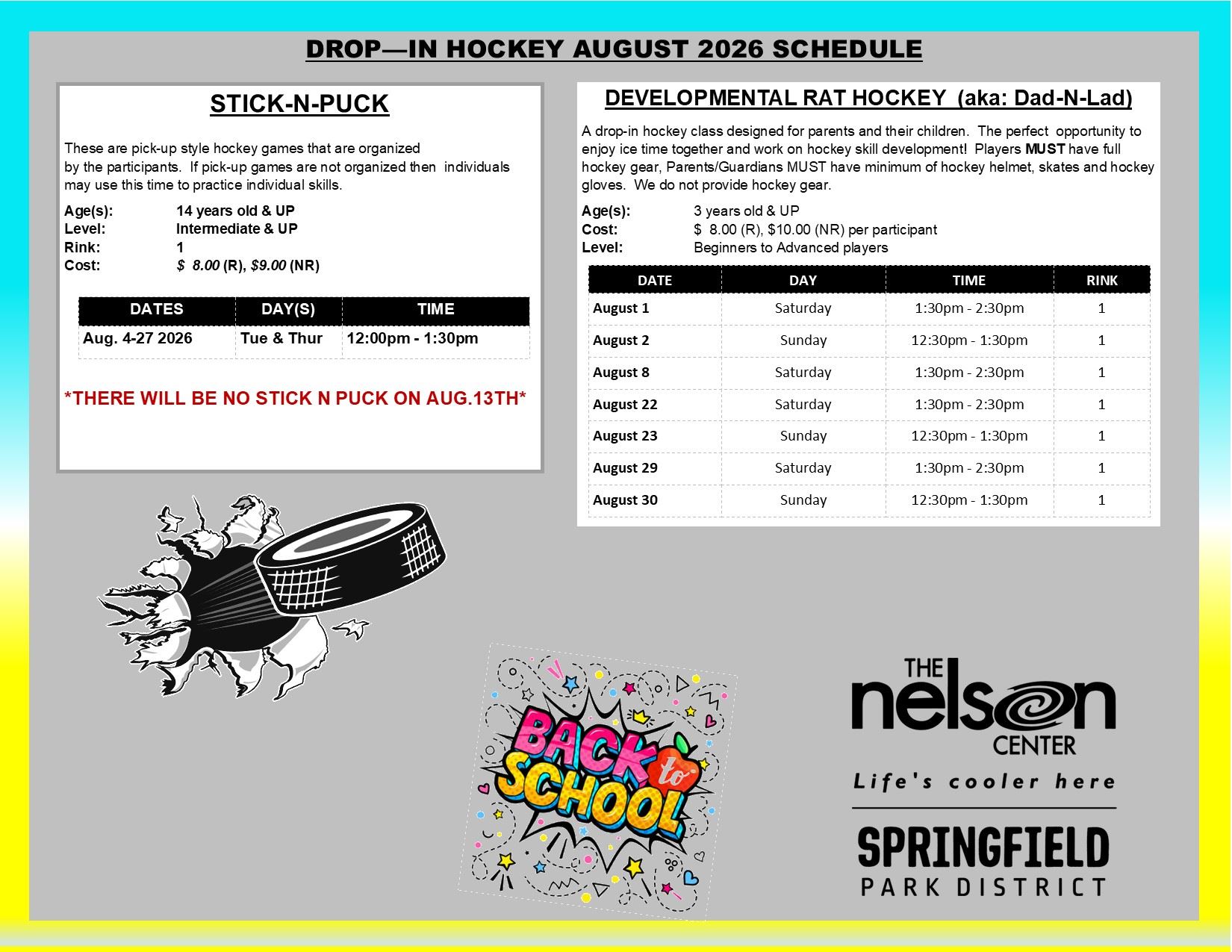 August Drop-in Hockey Schedule